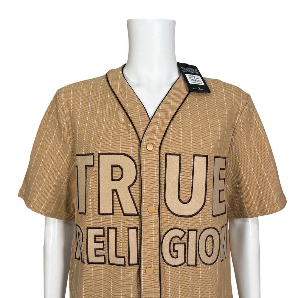True Religion Mens Baseball Jersey Tan Stripe Short Sleeve Button‎ Up Size M NWT